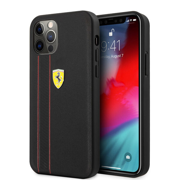Ferrari "Debossed Stripes & Red Lines" Leather Case Θήκη προστασίας από γνήσιο καπιτονέ δέρμα – iPhone 12 Pro Max (Μαύρη/Quilted Leather) - Image 1