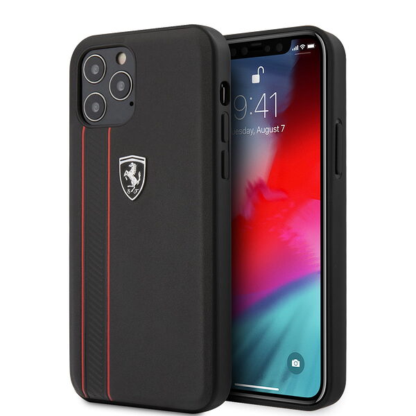 Ferrari "Off Track" Hard Leather Case with Embossed Stripes Θήκη προστασίας από γνήσιο δέρμα – iPhone 12 Pro Max (Μαύρη/Leather/3D Logo) - Image 1
