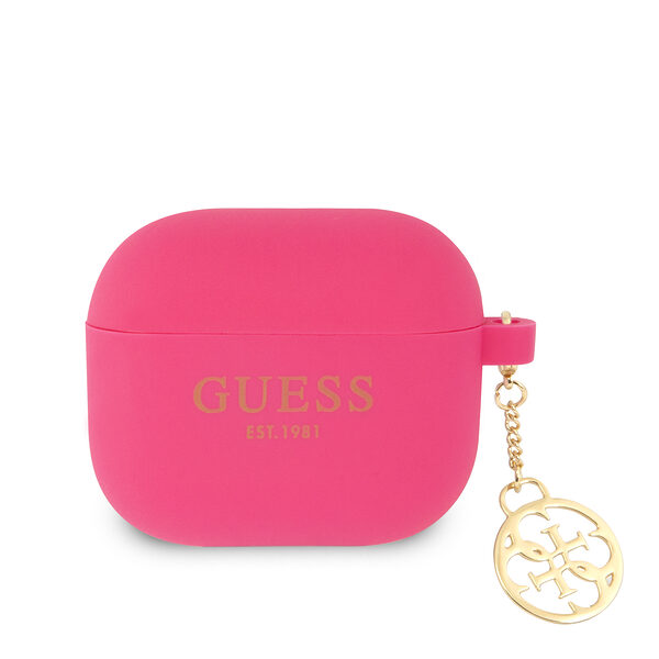 Guess Printed Gold Logo Θήκη προστασίας από σιλικόνη για Apple Airpods 3 με χρυσό κρεμαστό στολίδι (Φούξια) - Image 1