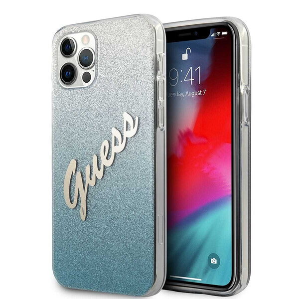 Guess Glitter Gradient Script Logo Θήκη προστασίας από σιλικόνη – iPhone 12 / 12 Pro (Blue/Glitter) - Image 1