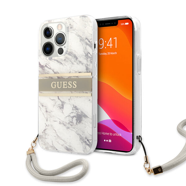 Guess "Marble Collection" Printed Stripe Θήκη προστασίας με όψη μαρμάρου και κορδονάκι χειρός – iPhone 13 Pro (Γκρι/Λευκό) - Image 1