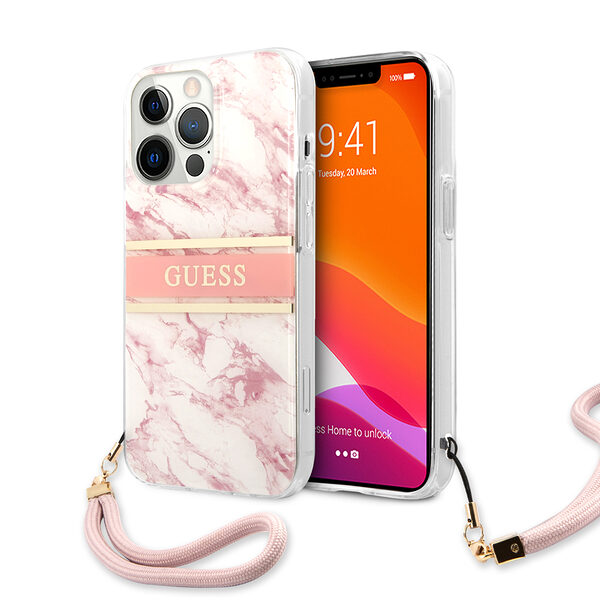 Guess "Marble Collection" Printed Stripe Θήκη προστασίας με όψη μαρμάρου και κορδονάκι χειρός – iPhone 13 Pro (Ροζ/Λευκό) - Image 1