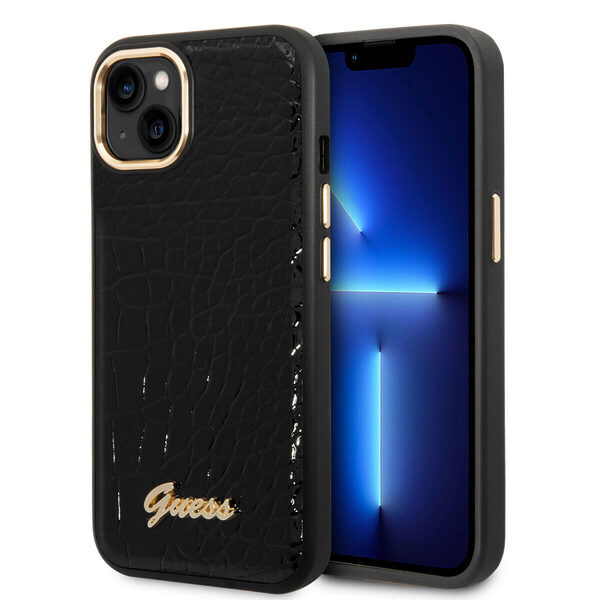 Guess "Croco Collection" Hot Stamp Lines Θήκη προστασίας από δερματίνη με μεταλλικό λογότυπο – iPhone 14 Plus (Μαύρο) - Image 1