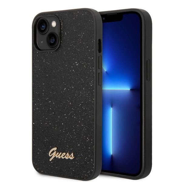 Guess Glitter Flakes Case with Ikonik Patch and Vintage Script Logo Θήκη προστασίας από σιλικόνη – iPhone 14 Plus (Glitter Black) - Image 1