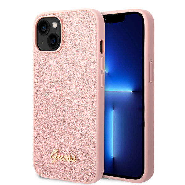 Guess Glitter Flakes Case with Ikonik Patch and Vintage Script Logo Θήκη προστασίας από σιλικόνη – iPhone 14 Plus  (Glitter Pink) - Image 1