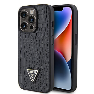 Guess “Croco Triangle Logo Collection” Θήκη προστασίας από δερματίνη με μεταλλικό λογότυπο – iPhone 15 Pro (Μαύρο – GUHCP15LPCRTHCK)