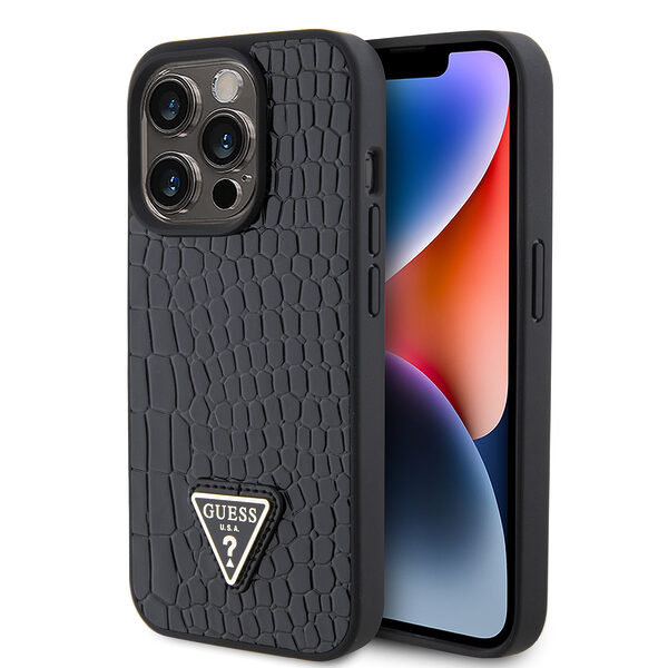 Guess “Croco Triangle Logo Collection” Θήκη προστασίας από δερματίνη με μεταλλικό λογότυπο – iPhone 15 Pro (Μαύρο – GUHCP15LPCRTHCK) - Image 1