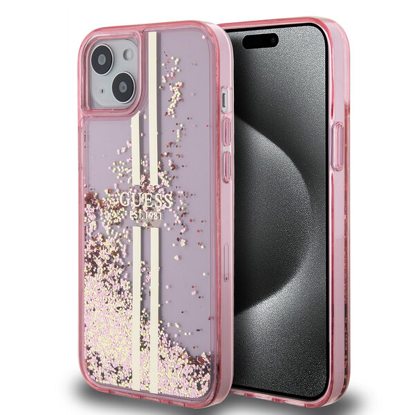 Guess “Liquid Glitter Gold Stripes" Ημιδιάφανη Θήκη προστασίας από σιλικόνη – iPhone 15 Plus (Ροζ – GUHCP15MLFCSEGP) - Image 1