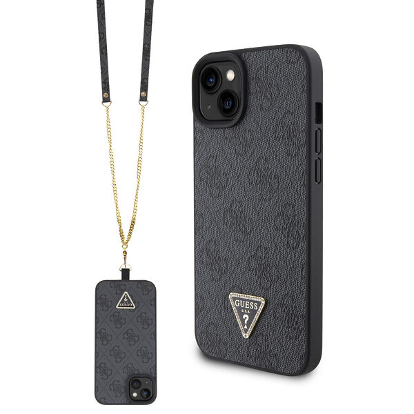 Guess “Triangle Metal Logo Strass Collection” Crossbody Case Θήκη προστασίας από δερματίνη με λουράκι – iPhone 15 Plus (Μαύρο – GUHCP15MP4TDSCPK) - Image 1