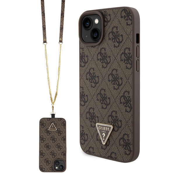Guess “Triangle Metal Logo Strass Collection” Crossbody Case Θήκη προστασίας από δερματίνη με λουράκι – iPhone 15 Plus (Καφέ – GUHCP15MP4TDSCPW) - Image 1