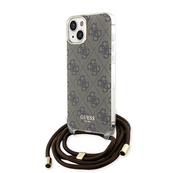 Guess "4G Logo Collection" Crossbody Hard Case Script Metal Logo Θήκη προστασίας από σιλικόνη με λουράκι – iPhone 15 (Καφέ – GUHCP15SHC4SEW) - Image 1
