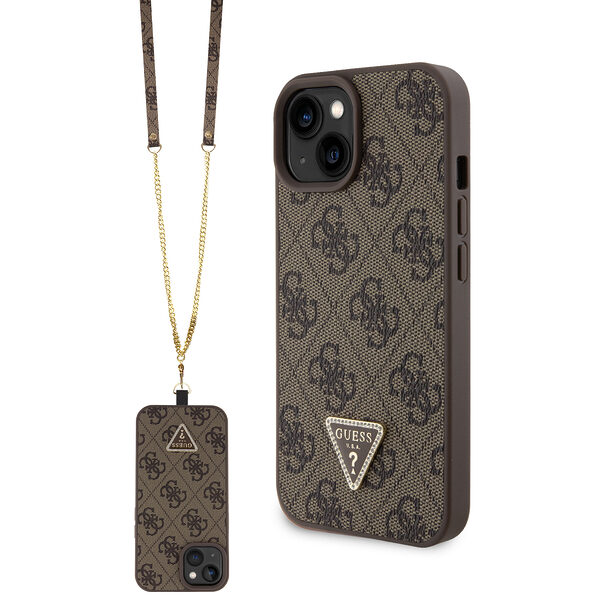Guess “Triangle Metal Logo Strass Collection” Crossbody Case Θήκη προστασίας από δερματίνη με λουράκι – iPhone 15 (Καφέ – GUHCP15SP4TDSCPW) - Image 1