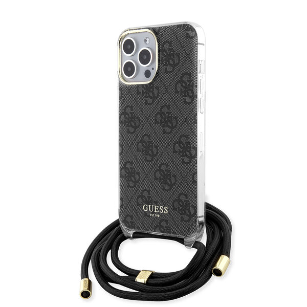 Guess "4G Logo Collection" Crossbody Hard Case Script Metal Logo Θήκη προστασίας από σιλικόνη με λουράκι – iPhone 15 Pro (Μαύρο – GUHCP15LHC4SEK) - Image 1