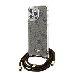 Guess "4G Logo Collection" Crossbody Hard Case Script Metal Logo Θήκη προστασίας από σιλικόνη με λουράκι – iPhone 15 Pro Max (Καφέ – GUHCP15XHC4SEW)