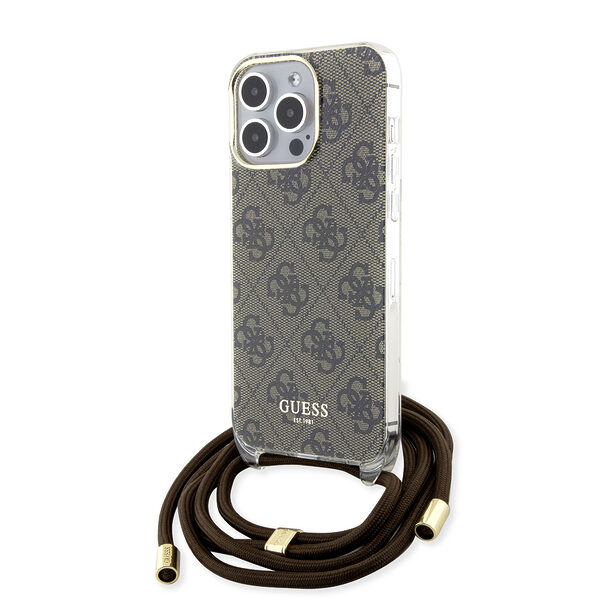 Guess "4G Logo Collection" Crossbody Hard Case Script Metal Logo Θήκη προστασίας από σιλικόνη με λουράκι – iPhone 15 Pro Max (Καφέ – GUHCP15XHC4SEW) - Image 1