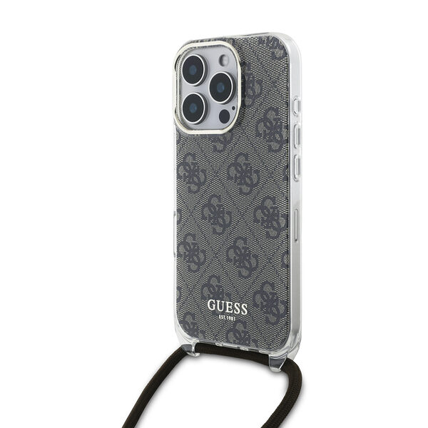 Guess “4G Logo Collection” Crossbody Hard Case Script Metal Logo Θήκη προστασίας από σιλικόνη με λουράκι – iPhone 16 Pro (Καφέ – GUHCP16LHC4SEW) - Image 1