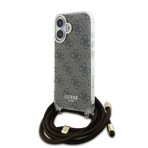 Guess “4G Logo Collection” Crossbody Hard Case Script Metal Logo Θήκη προστασίας από σιλικόνη με λουράκι – iPhone 16 (Καφέ – GUHCP16SHC4SEW) - Image 1