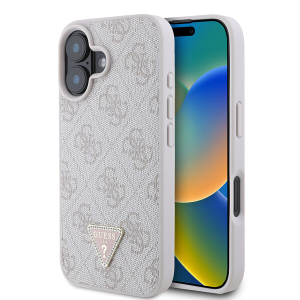 Guess “Triangle Metal Logo Strass Collection” Case Θήκη προστασίας από δερματίνη – iPhone 16 (Ροζ – GUHCP16SP4TDPP) - Image 1