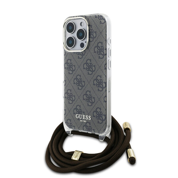 Guess “4G Logo Collection” Crossbody Hard Case Script Metal Logo Θήκη προστασίας από σιλικόνη με λουράκι – iPhone 16 Pro Max (Καφέ – GUHCP16XHC4SEW) - Image 1
