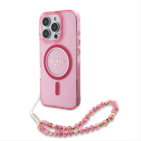 Guess Magsafe “Glitter with Pearl Strap” Hard Case Θήκη προστασίας από σκληρό πλαστικό – iPhone 16 Pro (Ροζ – GUHMP16LHGCRELSF) - Image 1