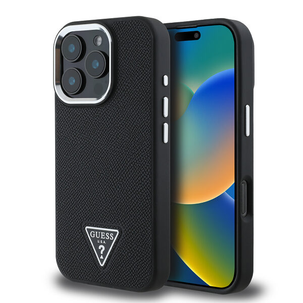Guess Magsafe “Triangle Logo” Grained PU Case Θήκη προστασίας από δερματίνη – iPhone 16 Pro (Μαύρο – GUHMP16LPGTSPSK) - Image 1