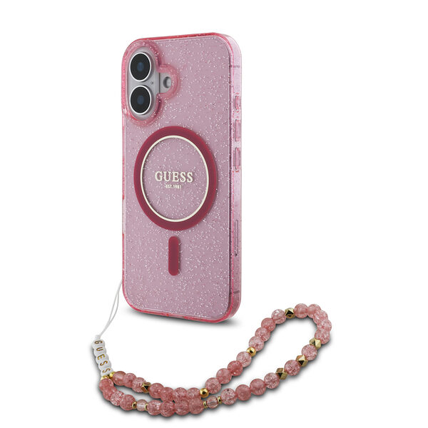Guess Magsafe “Glitter with Pearl Strap” Hard Case Θήκη προστασίας από σκληρό πλαστικό – iPhone 16 (Ροζ – GUHMP16SHGCRELSF) - Image 1
