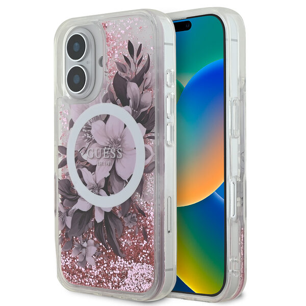 Guess Magsafe “Liquid Glitter Flower" Hard Case Θήκη προστασίας από σκληρό πλαστικό – iPhone 16 (Ροζ – GUHMP16SLFMWTP) - Image 1