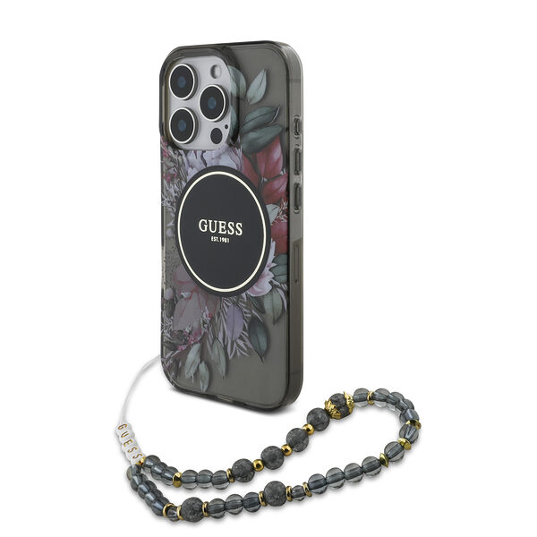 Guess Magsafe “Flowers with Pearl Strap” Hard Case Θήκη προστασίας από σκληρό πλαστικό – iPhone 16 Pro Max (Μαύρο – GUHMP16XHFWBRCESK) - Image 1