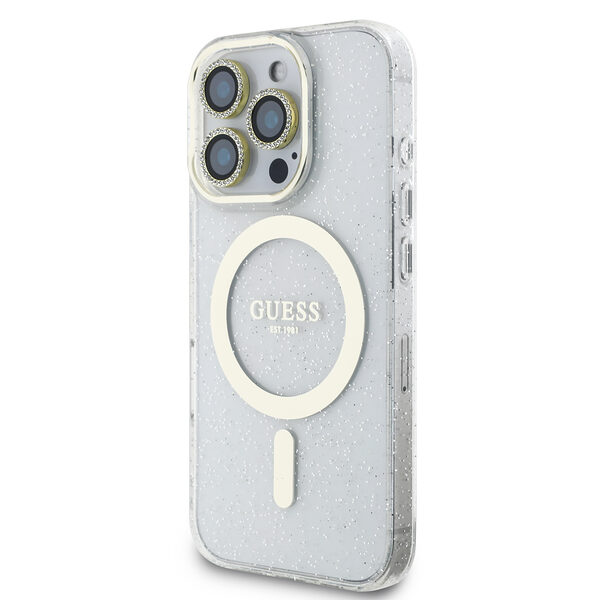 Guess IML Magsafe Case “Rhinestone Gold Lens + Screen” Θήκη προστασίας από σκληρό πλαστικό – iPhone 16 Pro (Clear/Glitter – GUOBPLTP16LHCMCGT) - Image 1