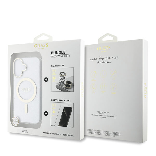 Guess IML Magsafe Case “Rhinestone Gold Lens + Screen” Θήκη προστασίας από σκληρό πλαστικό – iPhone 16 (Clear/Glitter – GUOBPLTP16SHCMCGT) - Image 1