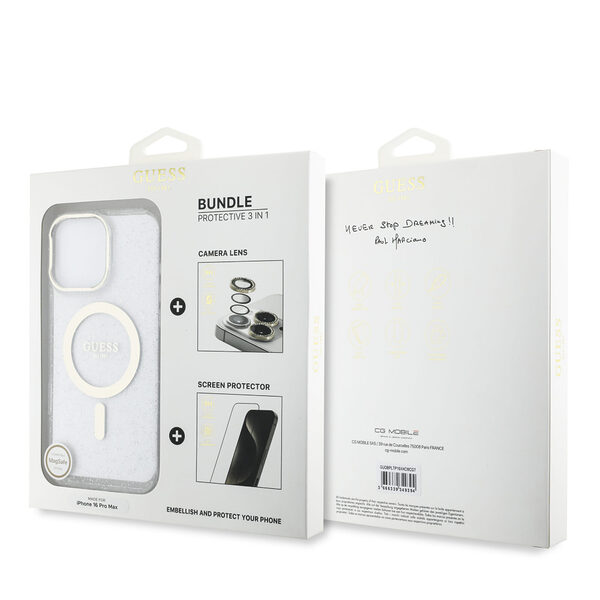 Guess IML Magsafe Case “Rhinestone Gold Lens + Screen” Θήκη προστασίας από σκληρό πλαστικό – iPhone 16 Pro Max (Clear/Glitter – GUOBPLTP16XHCMCGT) - Image 1