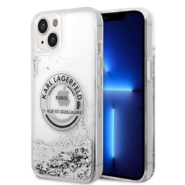 Karl Lagerfeld Liquid Glitter “Rue St.Guillaume Logo Collection” Translucent Case Θήκη προστασίας – iPhone 14 (Clear/Silver Glitter) - Image 1