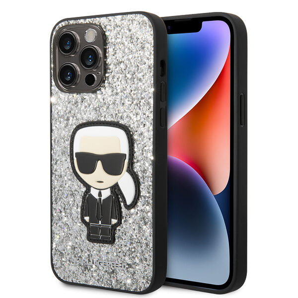 Karl Lagerfeld Glitter Flakes Case with Ikonik Patch and Metal Logo Θήκη προστασίας από σιλικόνη – iPhone 14 Pro Max (Glitter Silver) - Image 1