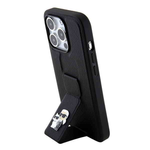 Karl Lagerfeld Karl + Choupette Metal Pin Saffiano Gripstand Case Θήκη προστασίας από δερματίνη – iPhone 15 Pro (Black – KLHCP15LGSAKCPK) - Image 1