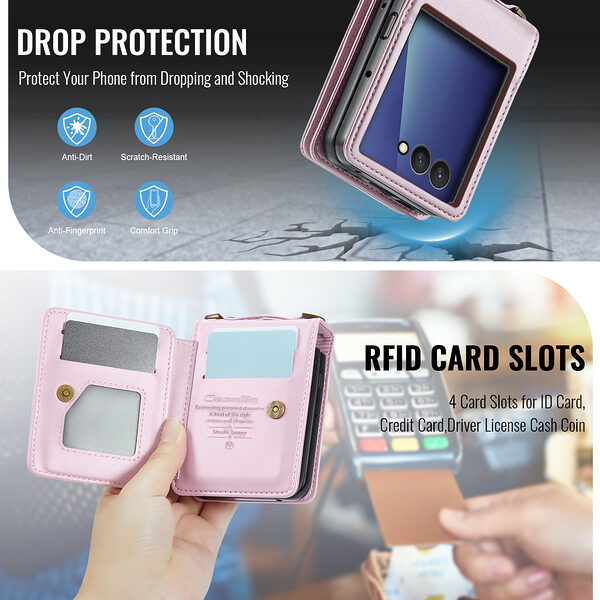 Θήκη Samsung Galaxy Z Flip7 5G CASEME C22 Series Πορτοφόλι με λουράκι, υποδοχές καρτών και μαγνητικό κούμπωμα από συνθετικό δέρμα και TPU ροζ - Image 5