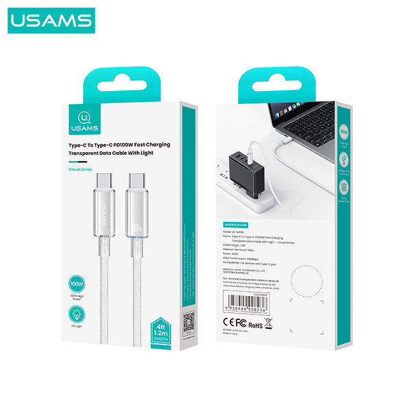 Καλώδιο fast charging και data USAMS  Cloud Series φωτιζόμενο Aluminum Alloy Type-C σε Type-C PD 100W 1.2m (SJ660USB02) γκρι - Image 7