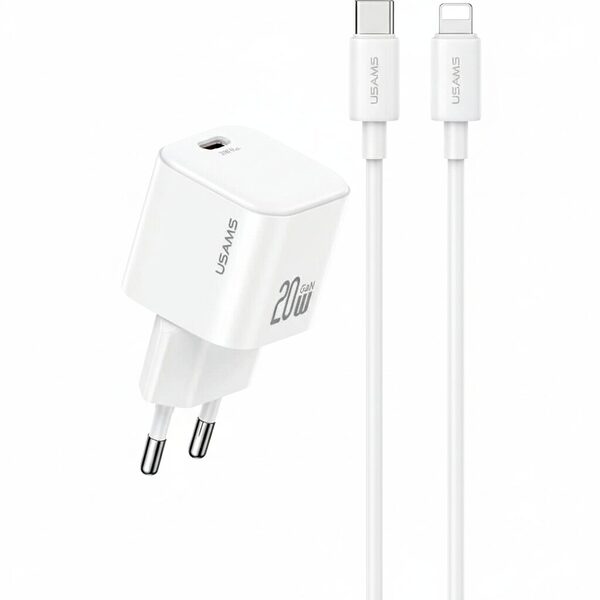 USAMS Fast Charger Kit 1 x φορτιστής JO03 Series mini Gan 20W Fast Charger με 1 x Type-C και καλώδιο 1m 60W USB-C σε lightning (JOXLTZ03) - λευκός