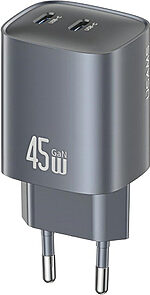 USAMS T66 επιτοίχιος φορτιστής GaN Fast Charger 45W με 2 x Type-C (CC305TC01) - γκρι