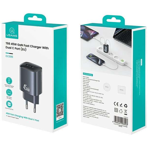 USAMS  T66 επιτοίχιος φορτιστής GaN Fast Charger 45W με 2 x Type-C (CC305TC01) -  γκρι - Image 6