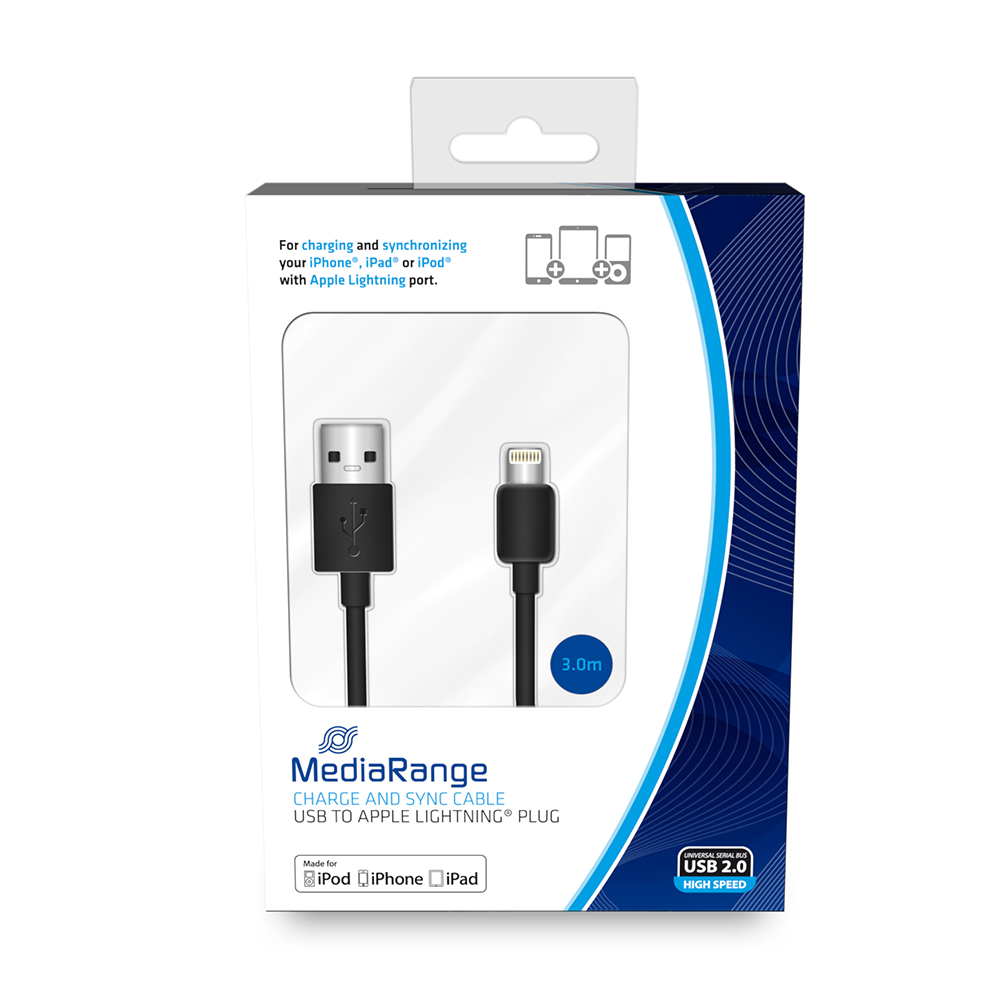 0019517_0 Καλώδιο MediaRange Charge and sync, USB 2.0 to Apple Lightning® plug, 3.0m, black (MRCS180) - Image 1