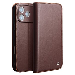 Θήκη iPhone 17 Pro - QIALINO - Flip Πορτοφόλι από Αυθεντικό Δέρμα - Καφέ - Wallet/Stand