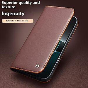 Θήκη iPhone 17 Pro - QIALINO - Flip Πορτοφόλι από Αυθεντικό Δέρμα - Καφέ - Wallet/Stand - Εικόνα 2