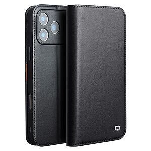 Θήκη iPhone 17 Pro - QIALINO - Flip Πορτοφόλι από Αυθεντικό Δέρμα - Μαύρο - Wallet/Stand