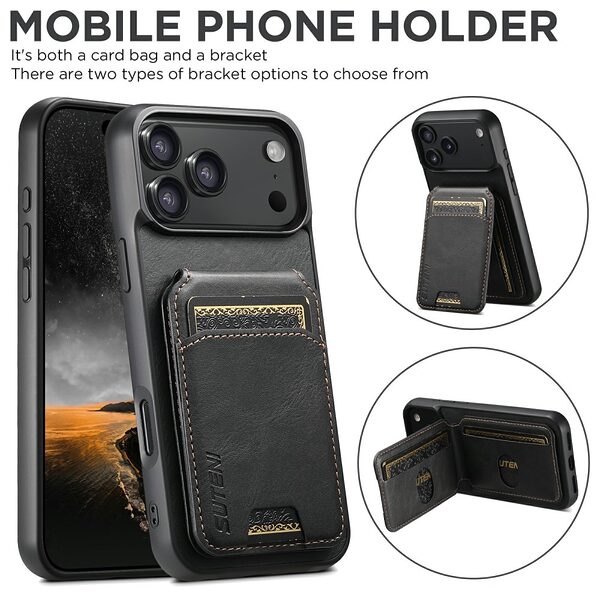 Θήκη iPhone 17 Pro - SUTENI H02 - Πλάτη από Συνθετικό Δέρμα (PU) με TPU - Μαύρο - Wallet/Stand - Εικόνα 6