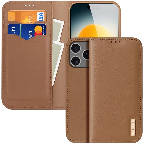 Θήκη iPhone 17 Pro Max - DUX DUCIS Hivo Series - Flip Πορτοφόλι από Αυθεντικό Δέρμα - Καφέ - RFID/Wallet/Stand