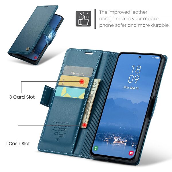 Θήκη Samsung Galaxy S25 5G / FE 5G - CASEME 023 - Flip Πορτοφόλι από Συνθετικό Δέρμα (PU) με TPU - Μπλε - RFID/Wallet/Stand - Εικόνα 5