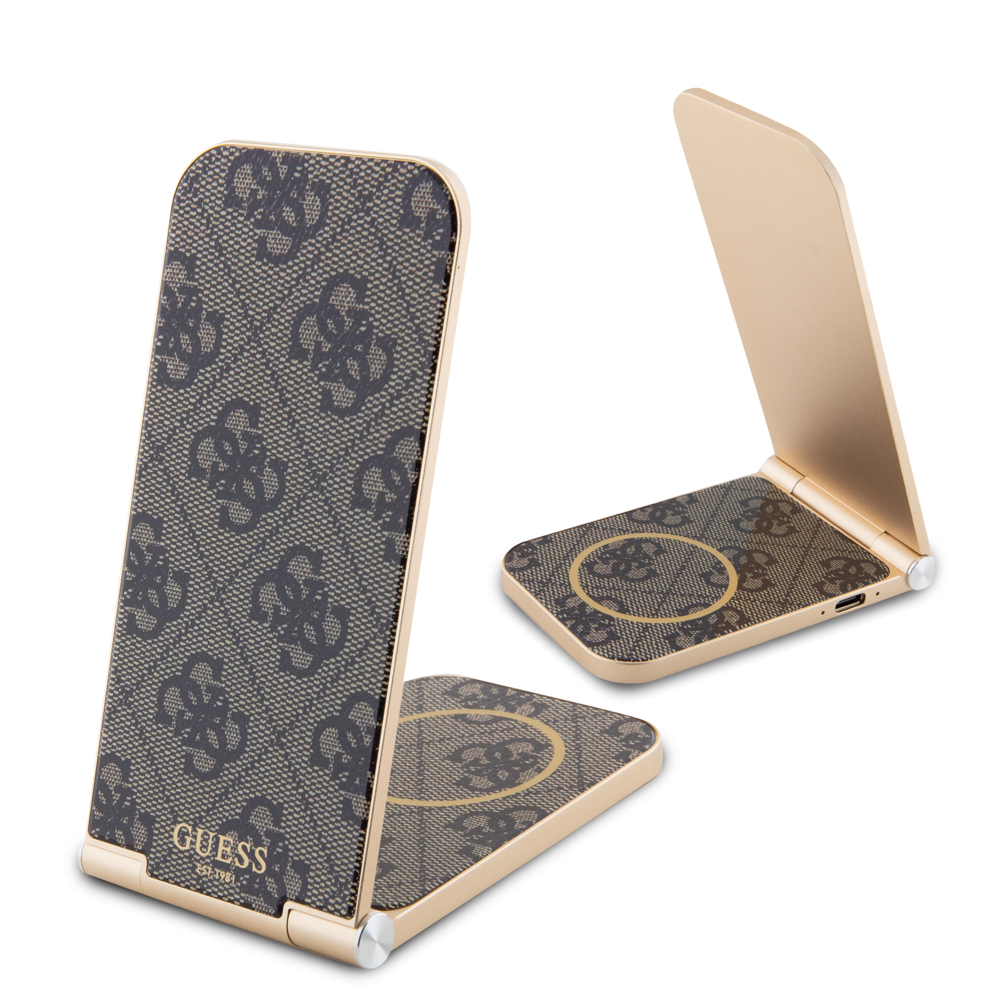 GUDCFAL4PEGW_1 Guess “4G Logo Collection” Magnetic Desk Charger Αναδιπλούμενος Οικιακός Μαγνητικός ταχυφορτιστής ισχύος 15W σε χρώμα καφέ (GUDCFAL4PEGW) - Image 1