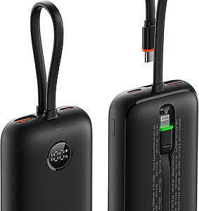 Power bank Veger K1 - 10,000mAh 35W PD με Digital Display και ενσωματωμένα καλώδια Non-MFI Lightning & USB-C Cable - μαύρο