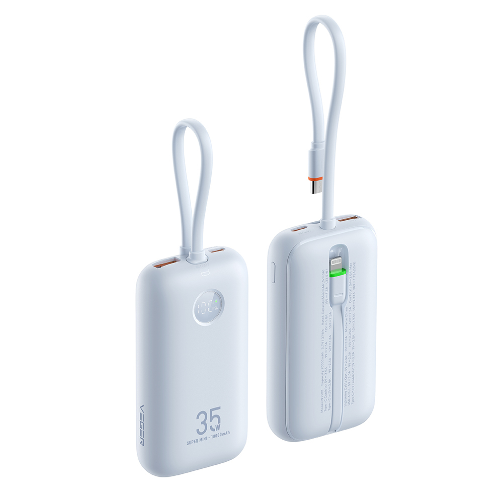 Power bank Veger K1 - 10,000mAh 35W PD με Digital Display και ενσωματωμένα καλώδια Non-MFI Lightning & USB-C Cable - λευκό Λευκό compact power bank 10,000mAh με ψηφιακή οθόνη μπαταρίας και ενσωματωμένα καλώδια Lightning & USB-C - Φόρτιση 35W χωρίς να χρειάζεται να κουβαλάς επιπλέον καλώδια
