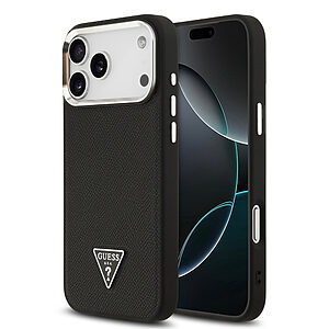 Πολυτελής μαύρη θήκη με ανάγλυφη επιφάνεια δερματίνης και εμβληματικό metal logo Guess - Συνδυάζει premium εμφάνιση με MagSafe τεχνολογία για στυλάτη και πρακτική προστασία